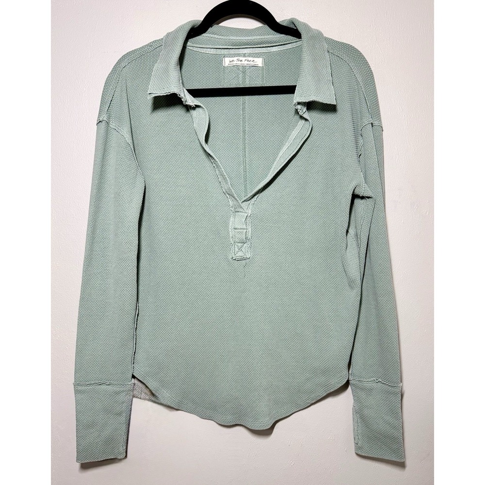 We The Free Free People Waffle Knit Thermal Henley Top  Womens Medium Sage Green